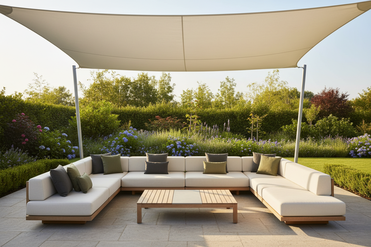 Hij toont een moderne loungeset met kussens op een terras, met een strak schaduwdoek erboven op een zonnige dag. 🌞