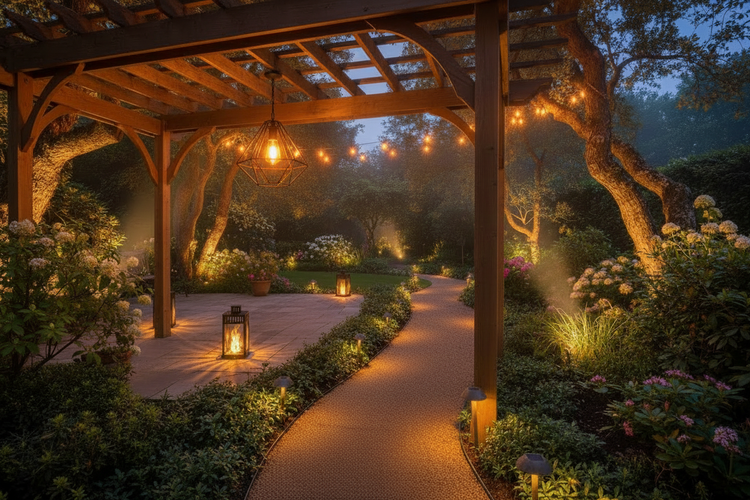 sfeervolle avondtuin met:  💡 Slingerlampen tussen de bomen 🔥 Vlameffect lantaarns op het terras 🌿 Zachte spotjes op planten en struiken 🛤️ Tuinpadverlichting langs een pad